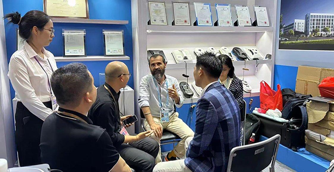 with customer on exhibition